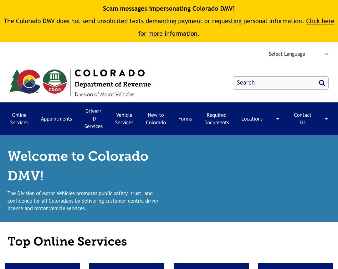 Screenshot of dmv.colorado.gov
